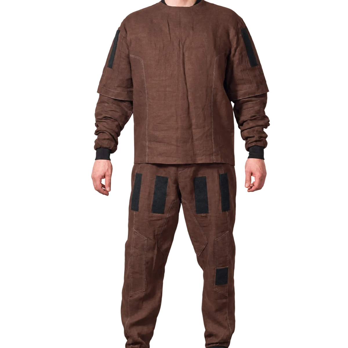Brown layered costume flight suit with visible attachment patches