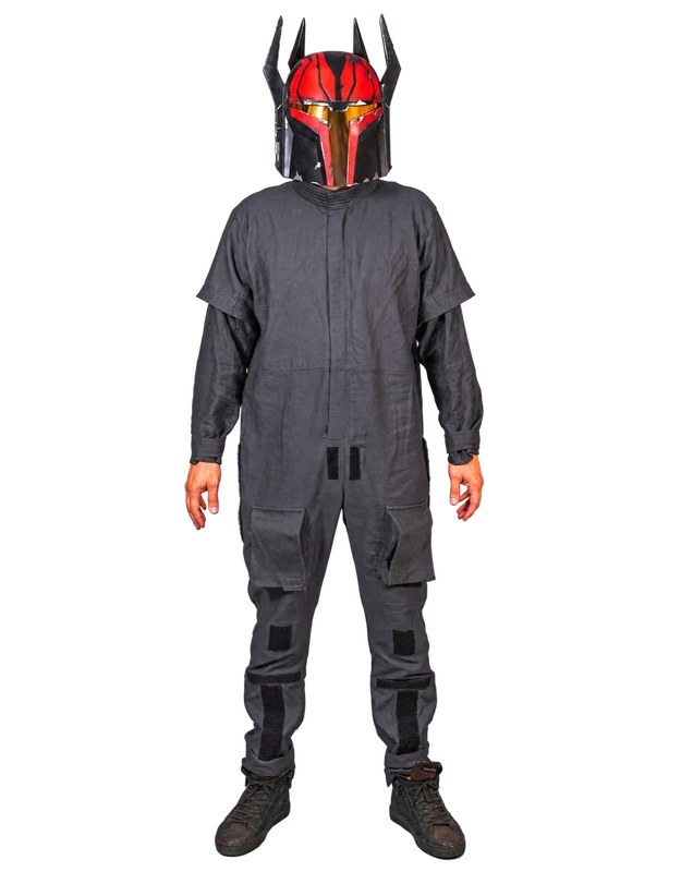 Dark grey flight suit and vest shown worn, with a horned helmet
