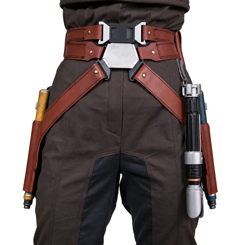 Brown twin-holster belt worn over dark costume trousers